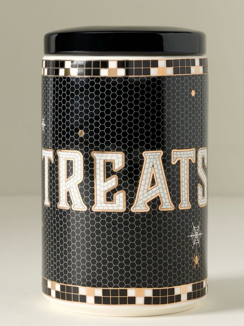 New! NWT Anthropologie Bistro Tile Stoneware 24k Gold Accent Halloween Canister